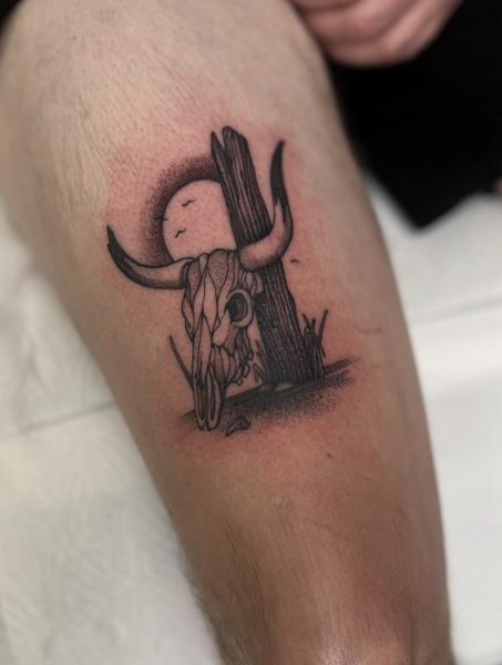 Blackwork bull skull post tattoo by @callmenighthawkk