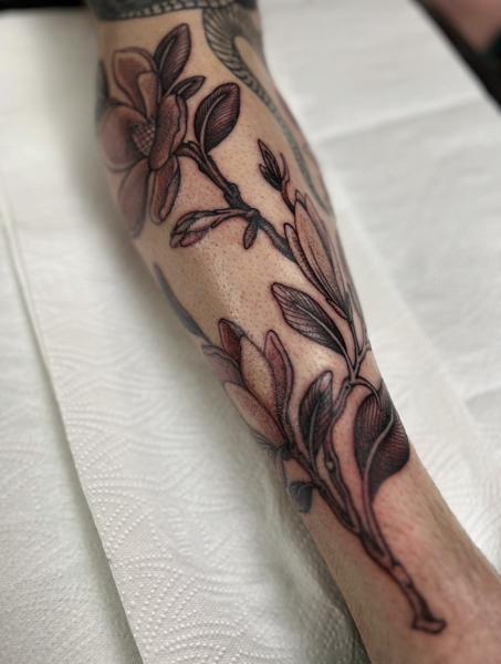 Blackwork botanical floral branch tattoo by @callmenighthawkk