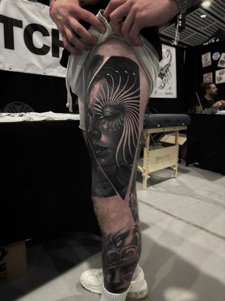 Realism radiant woman portrait tattoo by @jamiegibbonstattoo