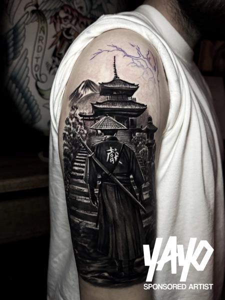 Realism samurai temple scene tattoo by @jamiegibbonstattoo
