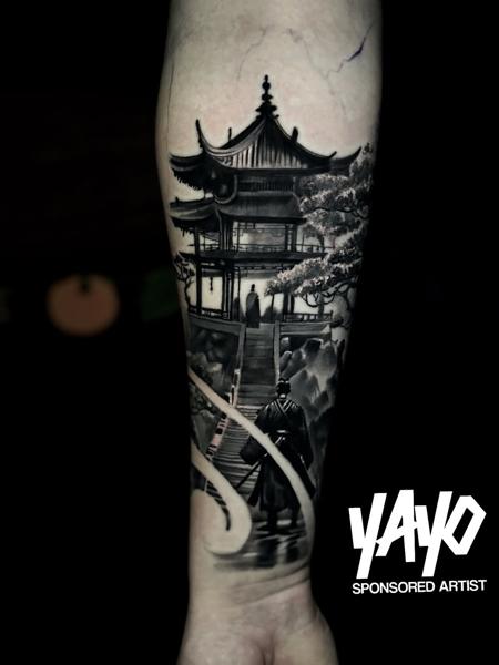 Japanese realism japanese temple scene tattoo by @jamiegibbonstattoo