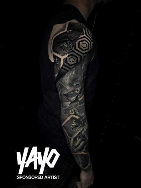 Realism geometric portrait tattoo by @jamiegibbonstattoo