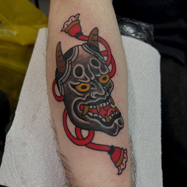 Traditional hannya mask tattoo by @jamiegreavestattooer