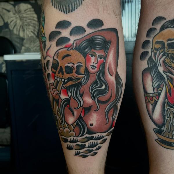 Traditional woman with skull tattoo by @jamiegreavestattooer