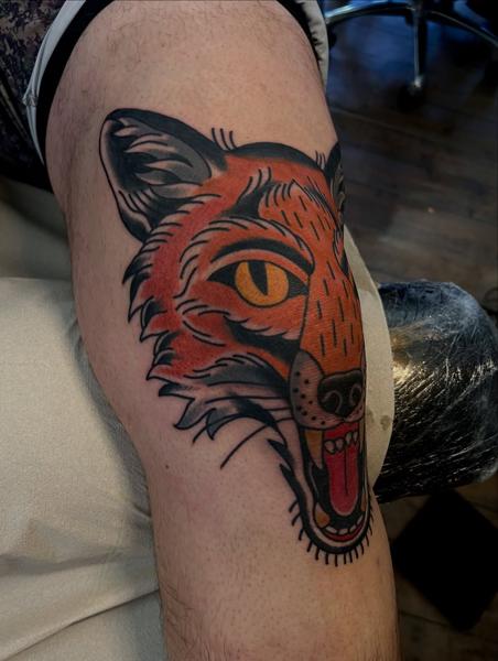 Traditional fox head tattoo by @jamiegreavestattooer