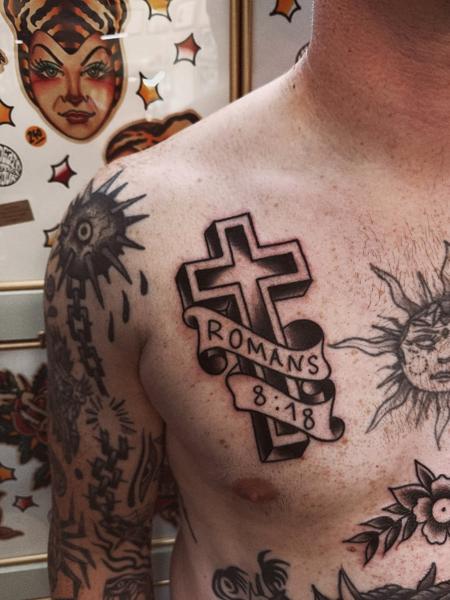 Traditional cross with banner tattoo by @flashntatz