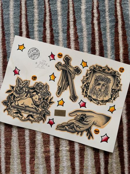 Traditional religious symbols tattoo by @flashntatz