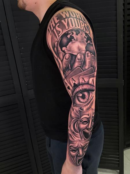 Realism globe cards masks tattoo by @jaydentattoos