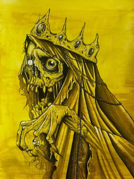 Illustrative skeletal king tattoo by @jen_mogg_tattoo