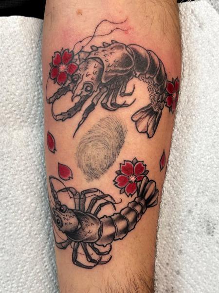 Japanese shrimp and flowers tattoo by @jen_mogg_tattoo