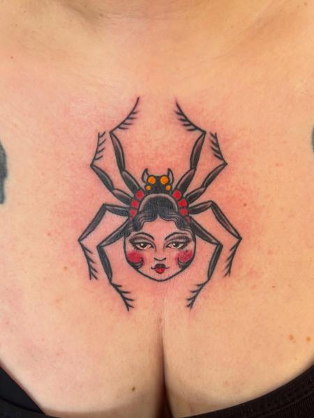 Traditional spider woman tattoo by @jen_mogg_tattoo