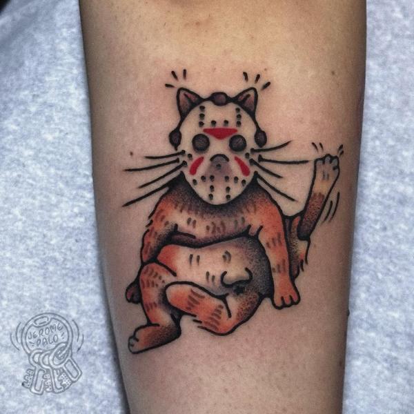 Traditional horror cat tattoo by @jerome_palo