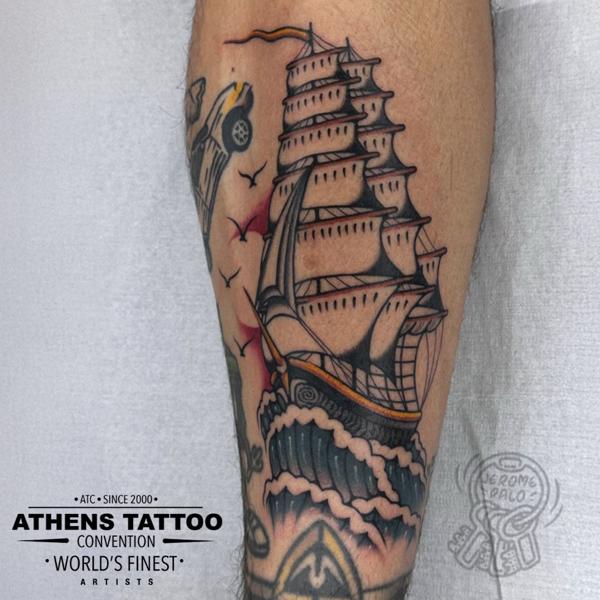 Traditional sailing ship tattoo by @jerome_palo
