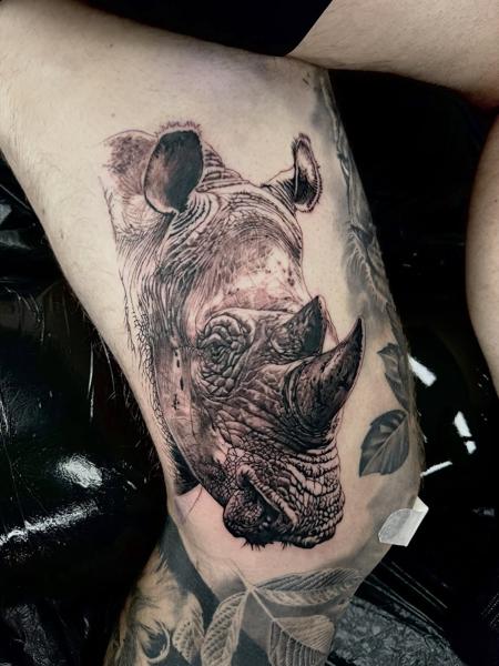 Realism rhino portrait tattoo by @jim.tat
