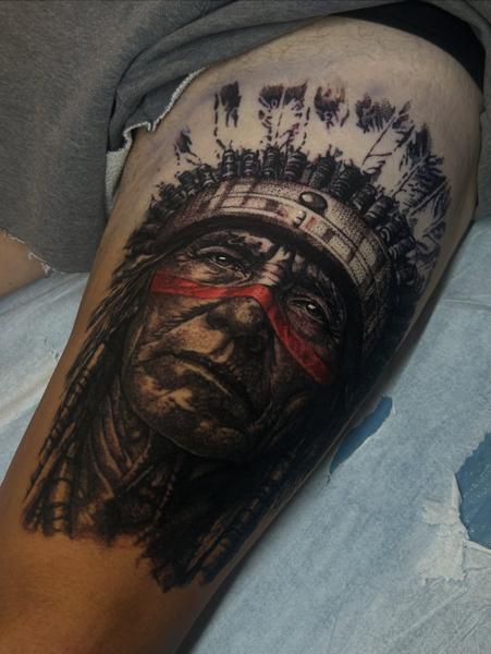Realism native american portrait tattoo by @joe_cider