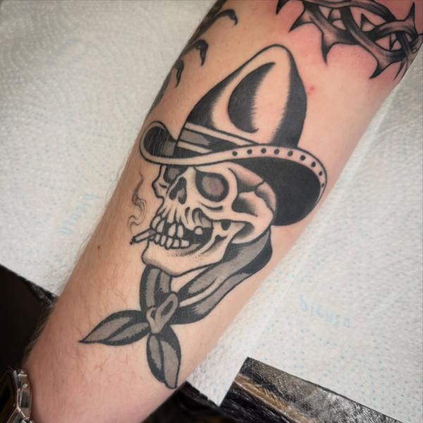 Traditional cowboy skull tattoo by @joegarey_tattoo