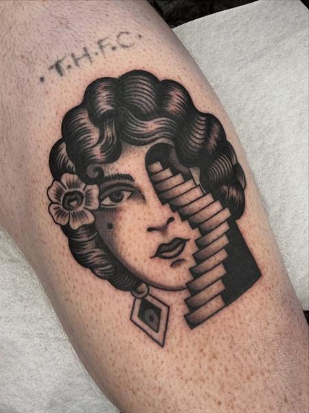 Traditional staircase face tattoo by @joegarey_tattoo