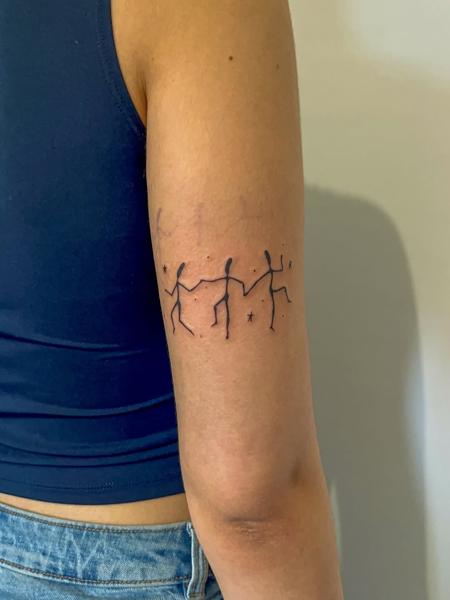Fine line dancing figures tattoo by @joelclementstattoo