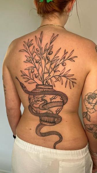 Linework snake and vase tattoo by @joelclementstattoo