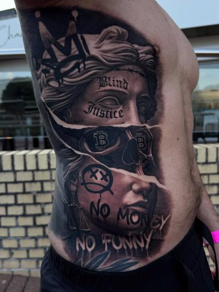 Realism blind justice tattoo by @johndarktattoo_