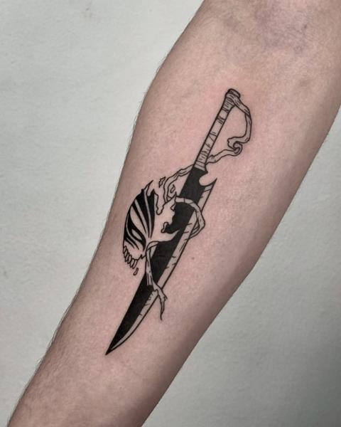 Blackwork skeleton knife tattoo by @outofprison_