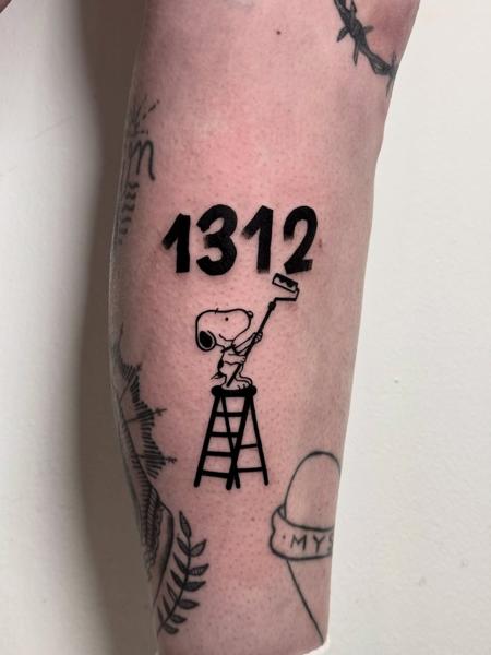 Linework snoopy ladder tattoo by @outofprison_