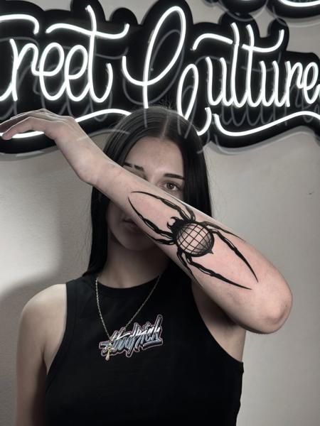 Blackwork spider web tattoo by @outofprison_