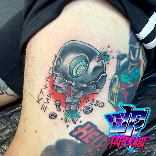 Illustrative robot head tattoo by @heartanddagger.tattoo