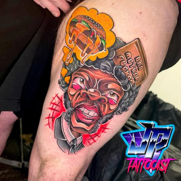 New school burger character tattoo by @heartanddagger.tattoo