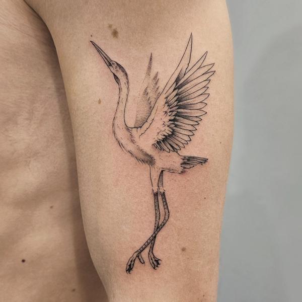 Fine line flying crane tattoo by @paradox_tattoos
