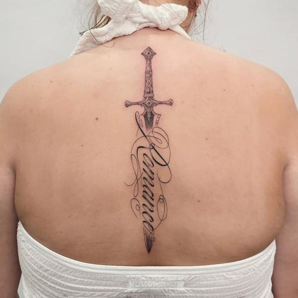 Fine line sword script tattoo by @paradox_tattoos