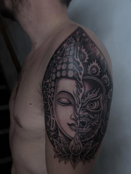 Blackwork buddha demon tattoo by @jondix