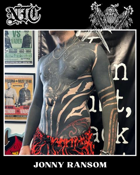 Blackwork abstract torso tattoo by @jonnyransomtattoo