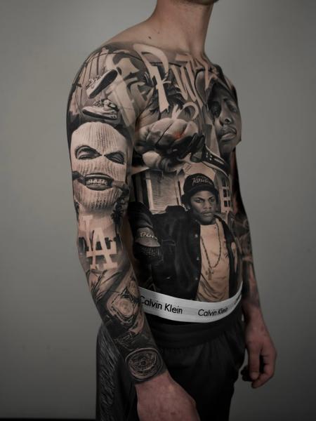 Realism urban collage tattoo by @jordanferristattoo