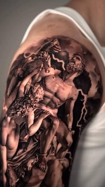 Realism mythological scene tattoo by @jordanferristattoo