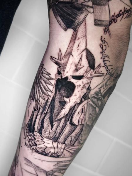 Blackwork spiked helmet tattoo by @joseffadel