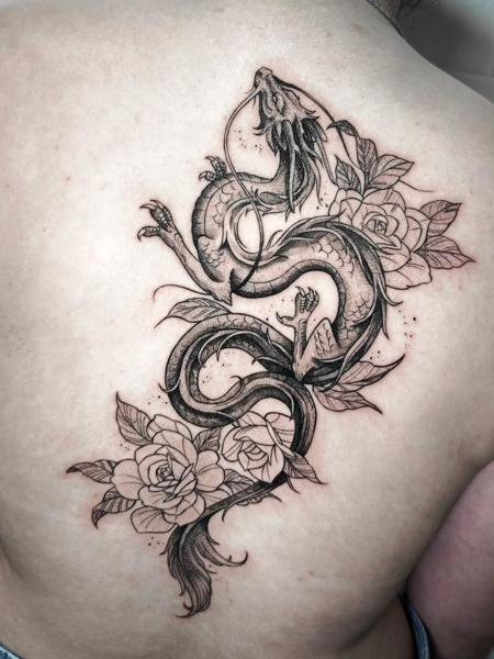 Fine line floral dragon tattoo by @joseffadel