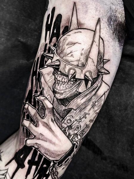 Blackwork spiked helmet character tattoo by @joseffadel
