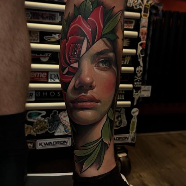 Realism rose portrait tattoo by @joshwaatattoo