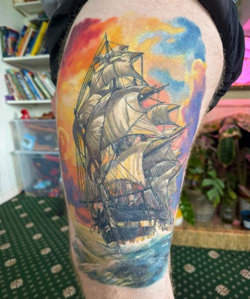 Realism sailing ship tattoo by @joshwaatattoo