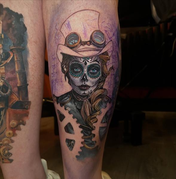 Realism steampunk sugar skull tattoo by @joshwaatattoo