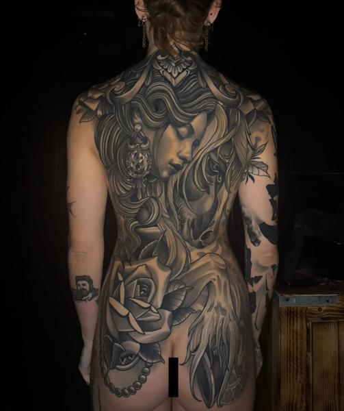 Realism woman and rose tattoo by @joshwaatattoo