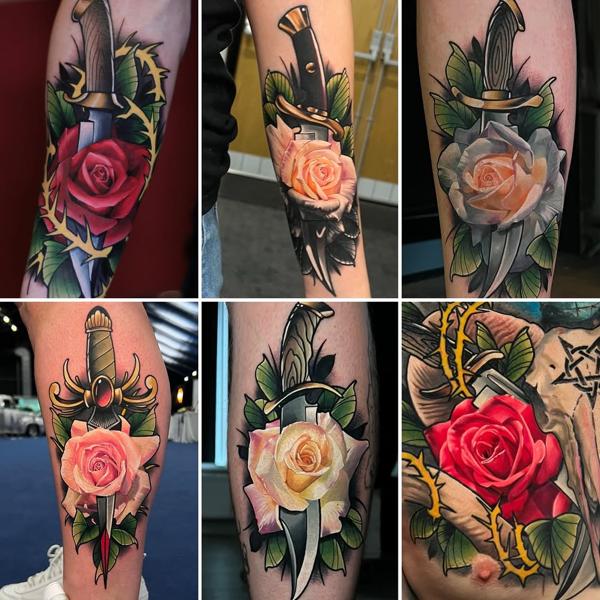Traditional dagger rose tattoo by @joshwaatattoo