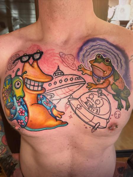 Cartoon cartoon space scene tattoo by @joshhermantattoo
