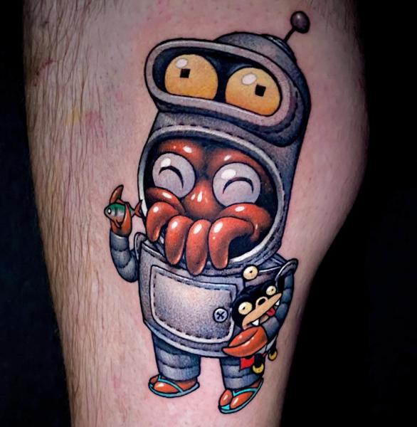 Illustrative robot character tattoo by @joshpeacock_obe1