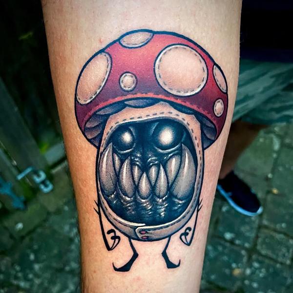 Illustrative mushroom creature tattoo by @joshpeacock_obe1