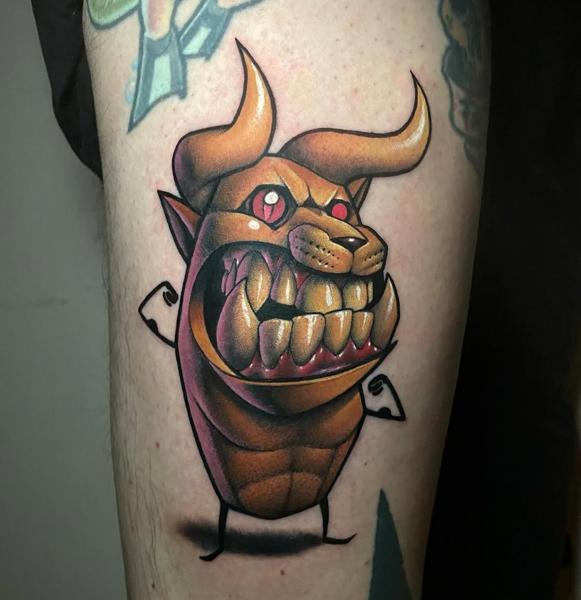 New school cartoon monster tattoo by @joshpeacock_obe1