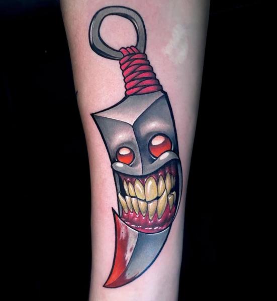 New school smiling knife tattoo by @joshpeacock_obe1