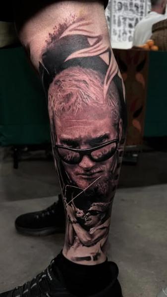 Realism sunglasses portrait tattoo by @jtatattoos