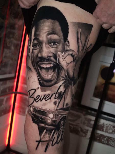 Realism portrait and car tattoo by @jtatattoos